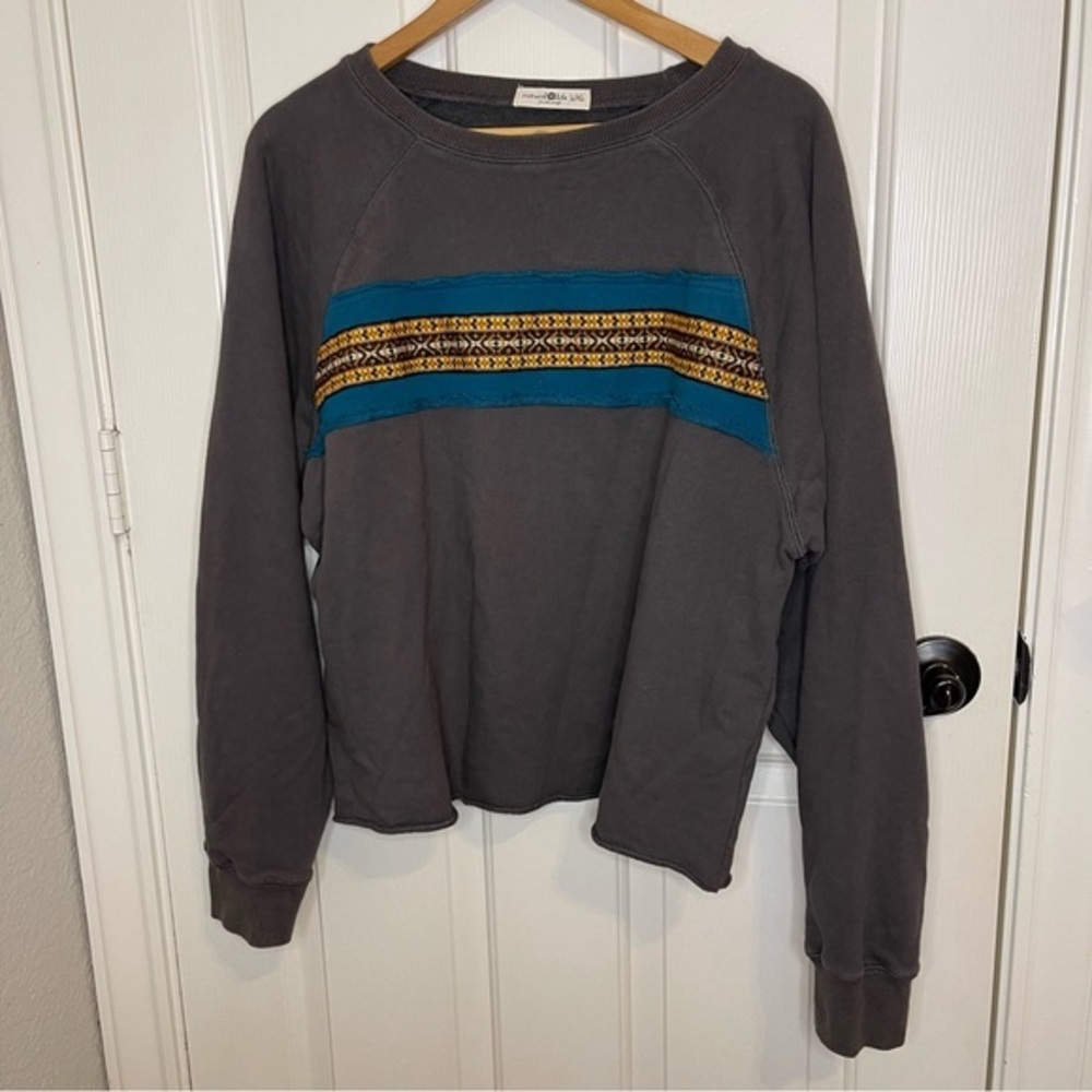 Natural Life Charcoal Grey Blue Yellow Knit Stripe Sweatshirt L-XL Boho Bonfire